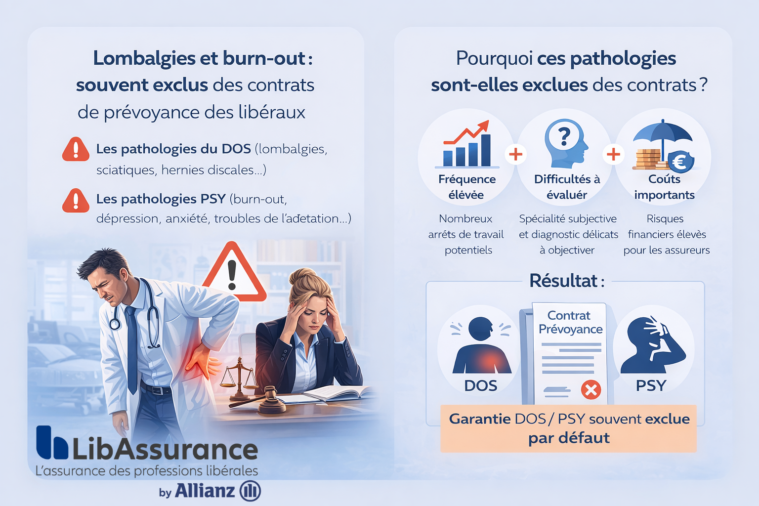 Infographie sur la lombalgie au travail montrant que près de huit actifs sur dix connaîtront au moins un épisode de lombalgie au cours de leur vie professionnelle, mettant en lumière un risque majeur pour les professions libérales et les enjeux de couverture en prévoyance.