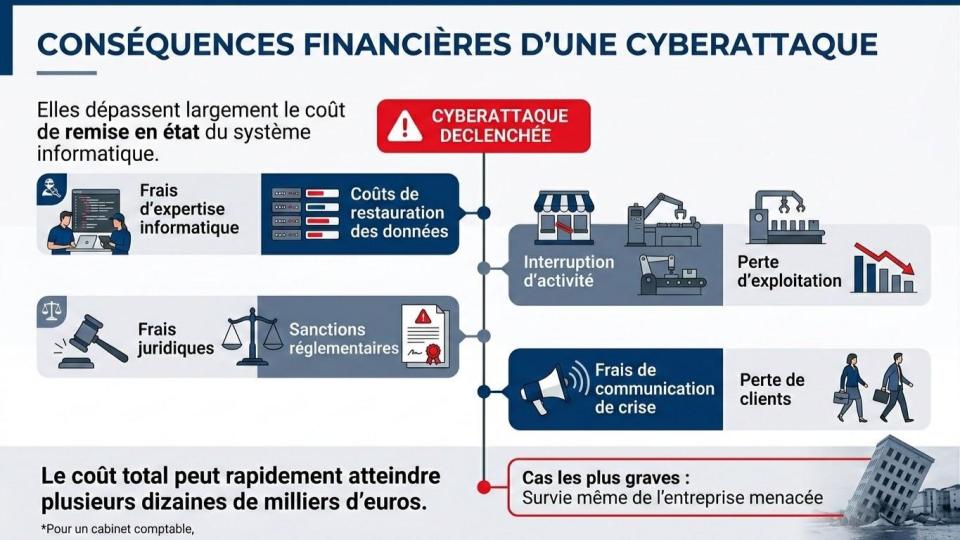 Combien coûte réellement une cyberattaque à un cabinet comptable ?
Les conséquences financières dépassent largement le coût de remise en état du système informatique.
Une cyberattaque peut entraîner :
des frais d'expertise informatique ;
des coûts de restauration des données ;
une interruption d'activité ;
une perte d'exploitation ;
des frais juridiques ;
des frais de communication de crise ;
des sanctions réglementaires ;
une perte de clients.