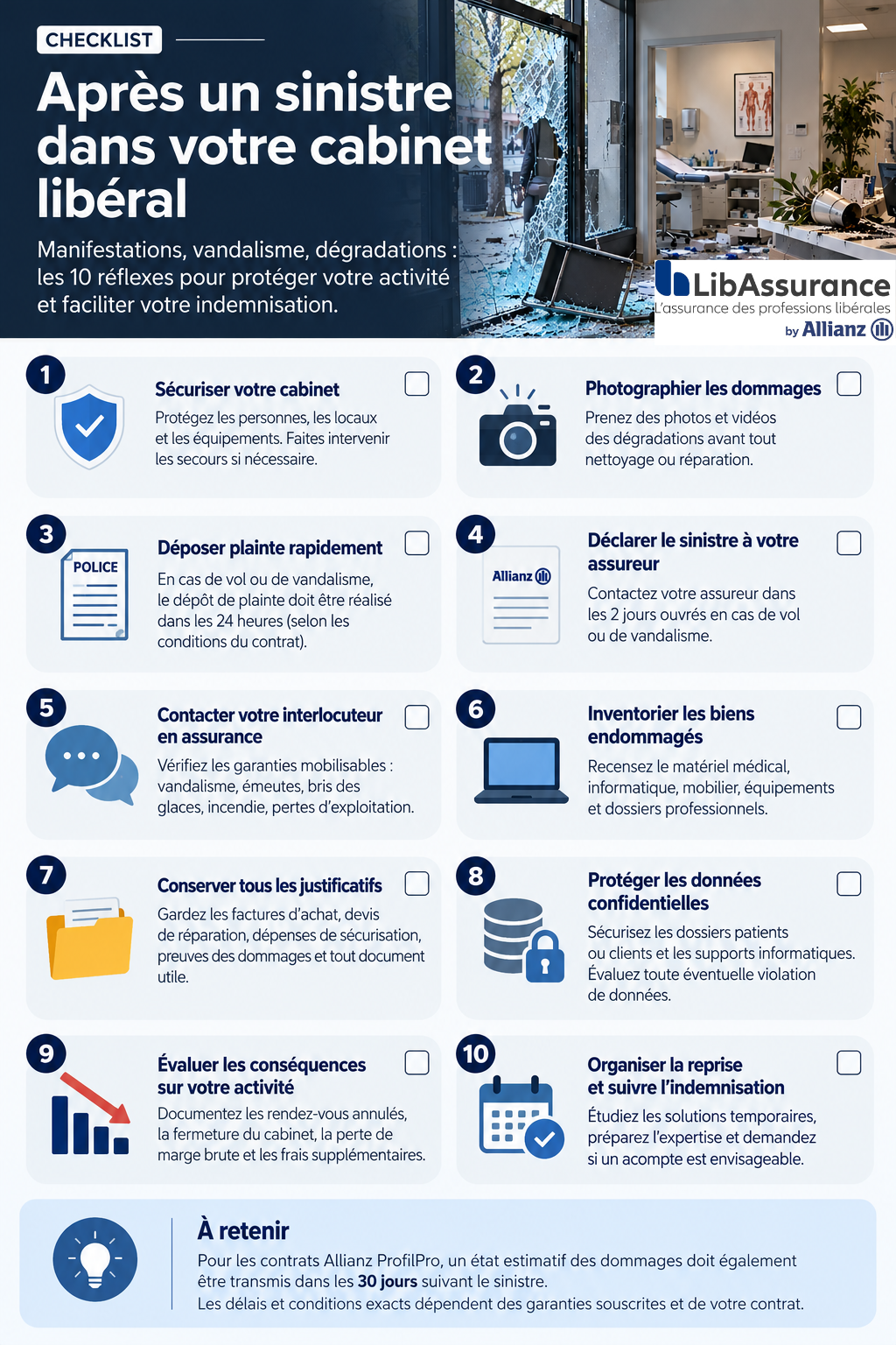 Manifestations, vandalisme, dégradations : votre cabinet médical ou professionnel a subi des dommages ? Découvrez les démarches essentielles pour déclarer votre sinistre, mobiliser les garanties de votre assurance et limiter les conséquences financières sur votre activité. **LibAssurance accompagne les professions libérales pour protéger leur cabinet et faciliter leur indemnisation.**